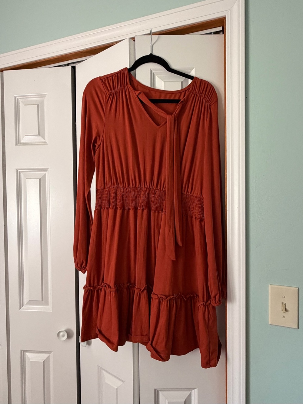 Women's Rust Long-Sleeve Tie-Neck Dress